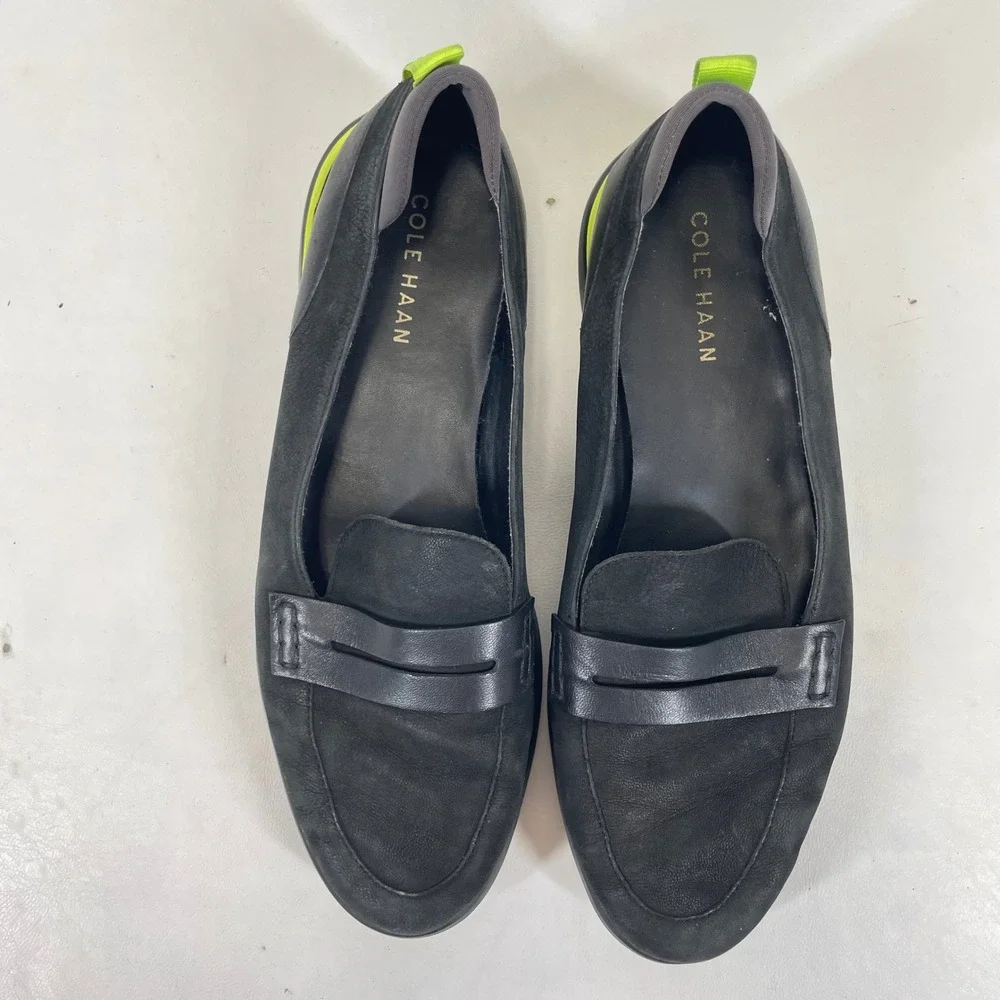 Cole Haan Grand W20962 Black Leather Suede Neon Yellow Penny Loafers Womens 9B